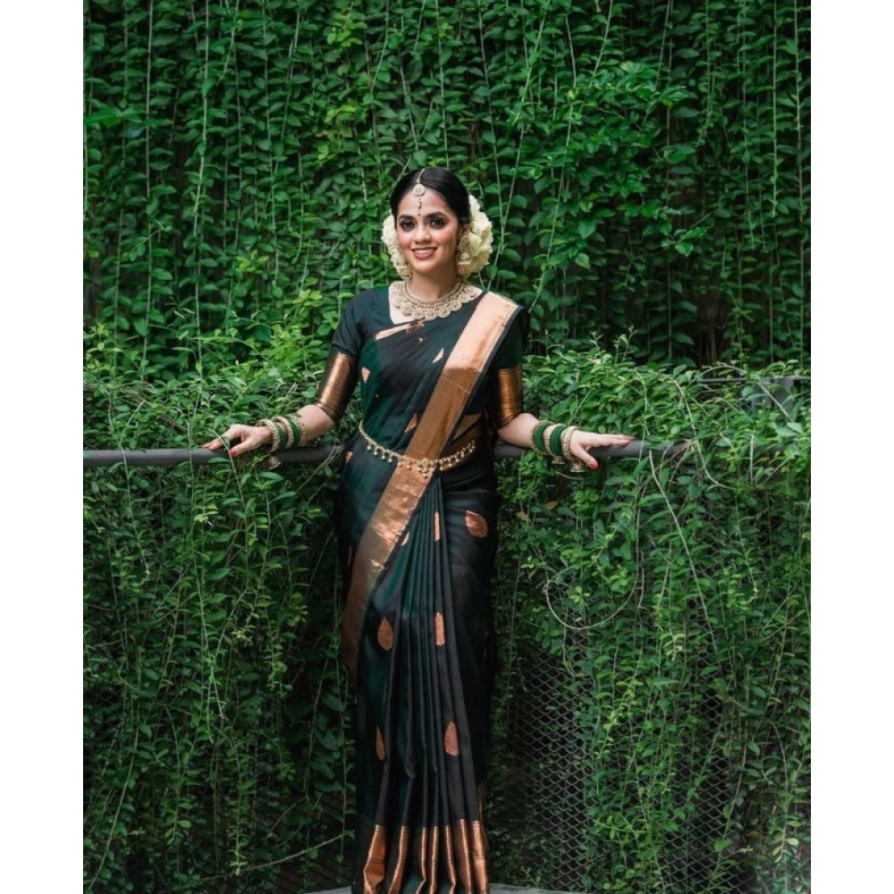 Generic Women's Litchi silk Printed Saree With Unstitched Blouse (Green)
