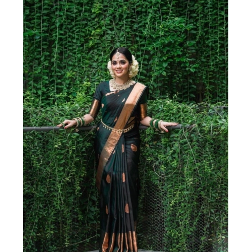 Women's Litchi silk Printed Saree With Unstitched Blouse (Green)