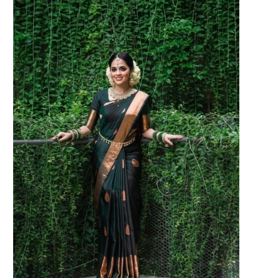 Generic Women's Litchi silk Printed Saree With Unstitched Blouse (Green)