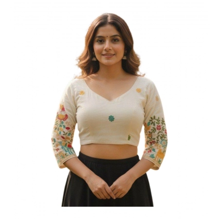 Generic Women's Cambric Cotton Round Neck Padded Blouse (White, 38 Ready Size (Self-Alterable 36–40)