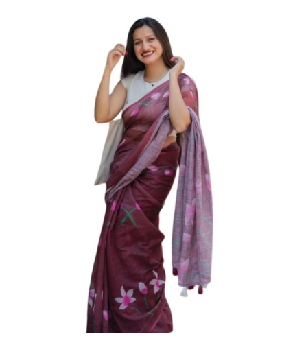 Generic Women's Linen Printed Saree With Unstitched Blouse 5.5Mtr (Brown)