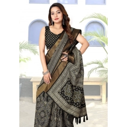 Generic Women's Cotton Silk Printed Saree With Unstitched Blouse 5.5Mtr (Black)