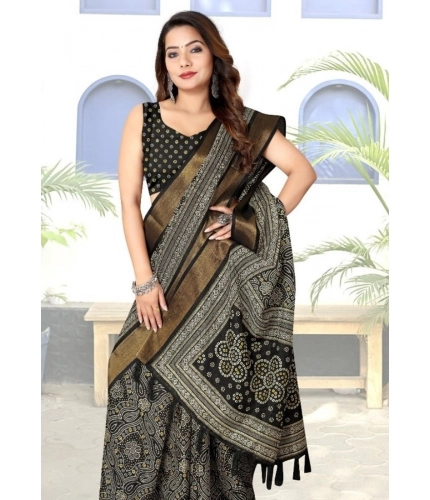 Generic Women's Cotton Silk Printed Saree With Unstitched Blouse 5.5Mtr (Black)