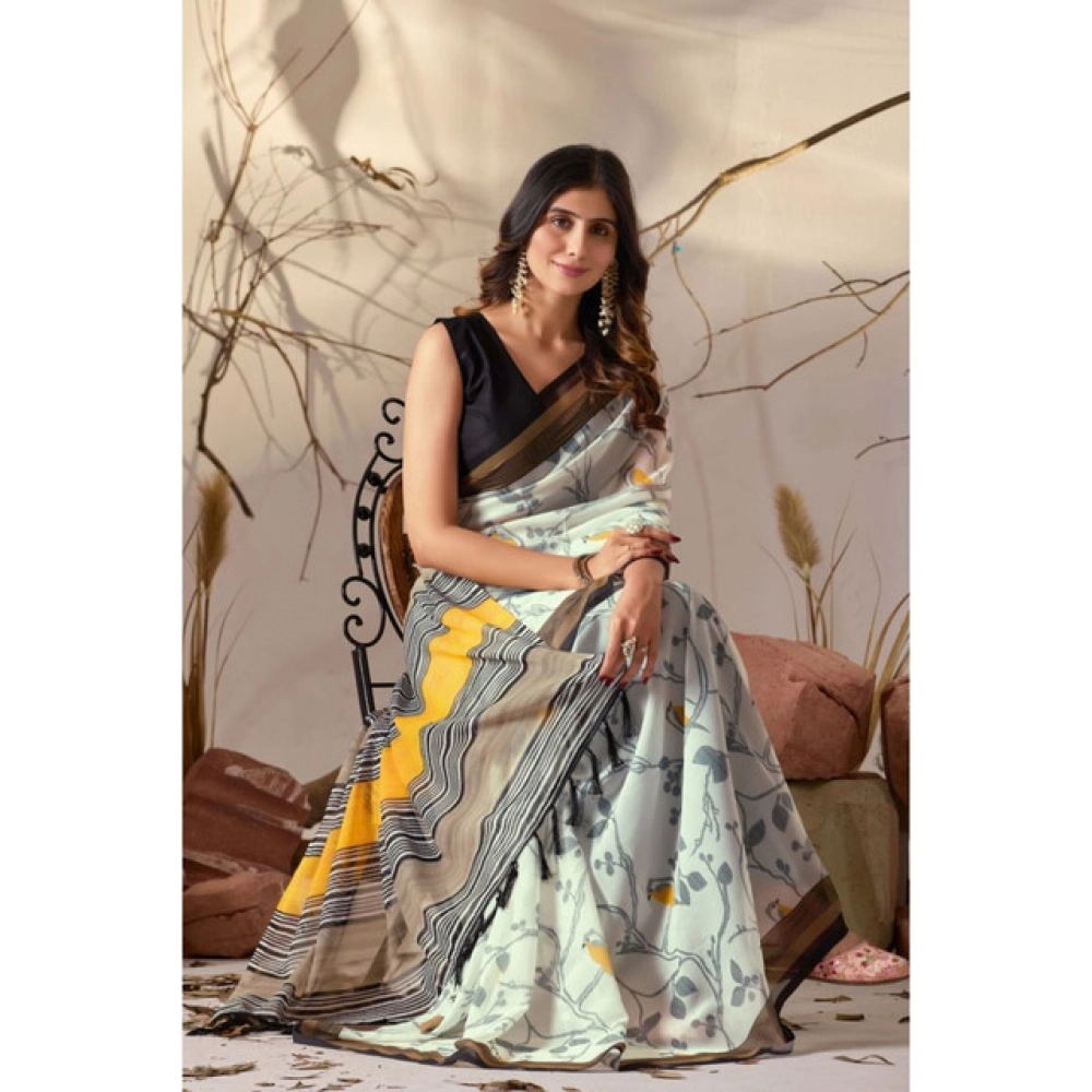 Generic Women's Faux_Linen Printed Saree With Unstitched Blouse 5.5Mtr (Light_Green)
