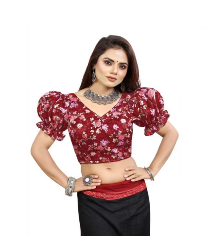Generic Women's Organza Printed V Neck Puff Sleeve Readymade Blouse (Maroon 38 , Alterable up to 42)-PID65866