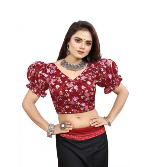 Generic Women's Organza Printed V Neck Puff Sleeve Readymade Blouse (Maroon 38 , Alterable up to 42)-PID65866 Generic Women's Organza Printed V Neck Puff Sleeve Readymade Blouse (Maroon 38 , Alterable up to 42)-PID65866