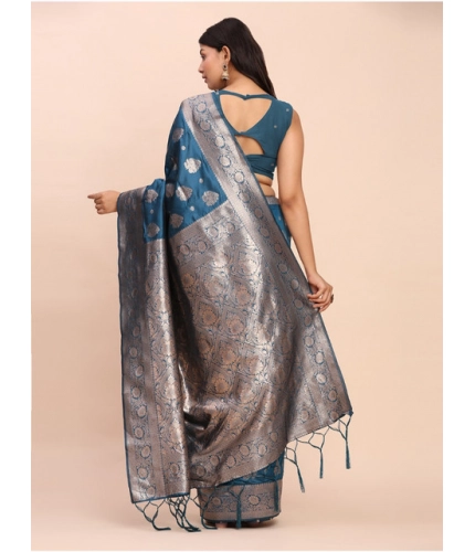 Generic Women's Banarasi Silk Printed Saree With Unstitched Blouse 5.5Mtr (Teal Blue)