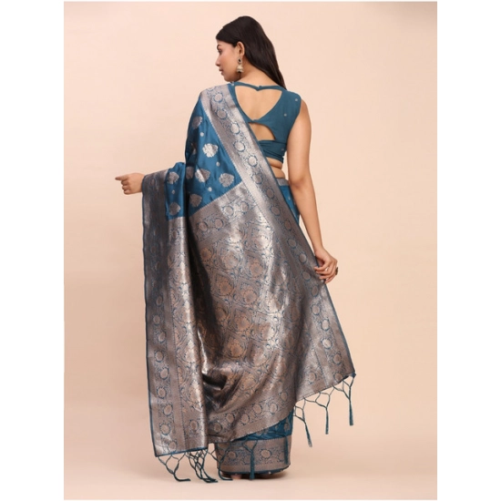 Generic Women's Banarasi Silk Printed Saree With Unstitched Blouse 5.5Mtr (Teal Blue)