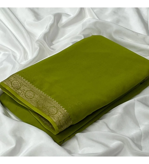 Generic Women's Crepe Chit Pallu Solid Saree With Unstitched Blouse 5.5Mtr (Mehendi Green)