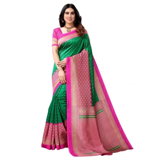 Generic Women's Litchi silk Printed Saree With Unstitched Blouse  5-6 Mtrs (Green)