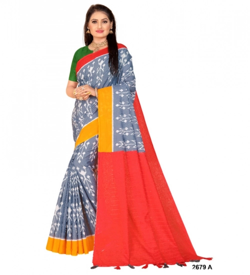 Generic Women's Soft Pure Cotton Printed Saree With Unstitched Blouse 5.5Mtr (Grey)