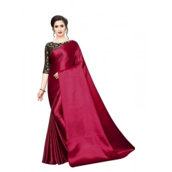 Generic Women's Satin Solid Saree With Unstitched Blouse 5.5Mtr (Maroon)
