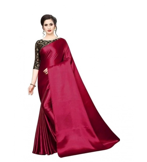 Generic Women's Satin Solid Saree With Unstitched Blouse 5.5Mtr (Maroon)