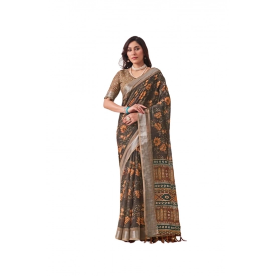 Generic Women's Faux_Linen Printed Saree With Unstitched Blouse 5.5Mtr (Slate_Grey)