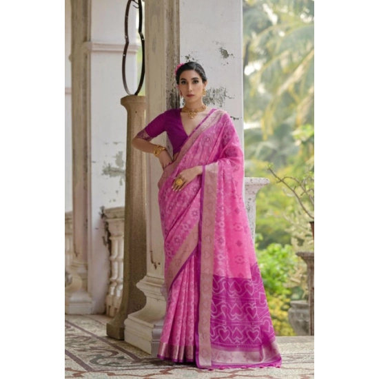 Generic Women's Silk_Blend Ethnic Ikat Pattern Saree With Unstitched Blouse 5.5Mtr (Pink)