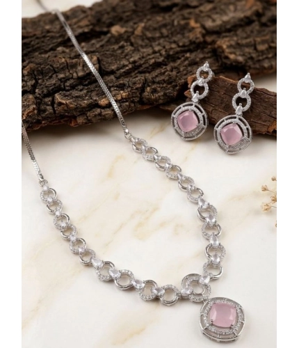 Generic Women's Brass Silver Plated Necklace set (Pink)