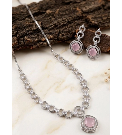 Generic Women's Brass Silver Plated Necklace set (Pink)