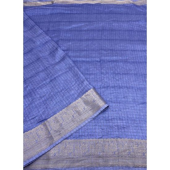 Generic Women's Cotton Blend Checkered Saree With Unstitched Blouse 5.5Mtr (Blue)