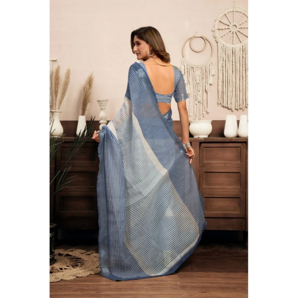 Generic Women's Linen Cotton Printed Ready To Wear With Pocket Saree With Unstitched Blouse 5.5 Mtr (Light_Blue)