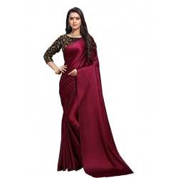 Generic Women's Satin Solid Saree With Unstitched Blouse 5.5Mtr (Maroon)