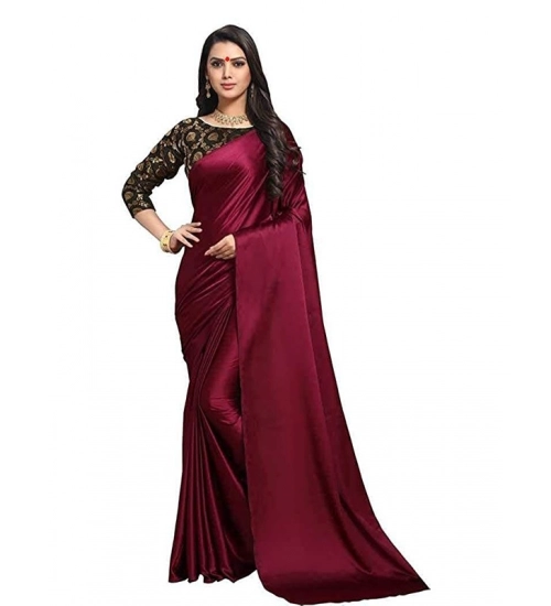 Generic Women's Satin Solid Saree With Unstitched Blouse 5.5Mtr (Maroon)
