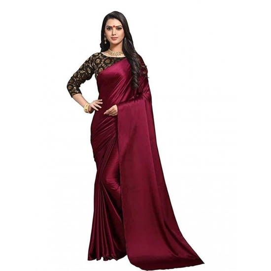 Generic Women's Satin Solid Saree With Unstitched Blouse 5.5Mtr (Maroon)