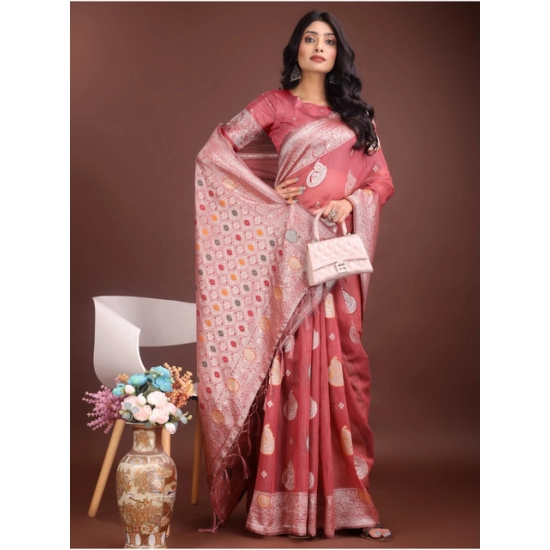 Generic Women's Linen Cotton Printed Saree With Unstitched Blouse 5.5Mtr (Pink)