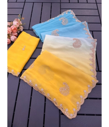 Generic Women's Digital Printed  Geogette Saree With Unstitched Blouse (Yellow, 5-6 Mtrs)