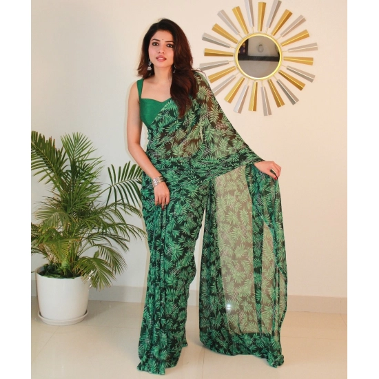 Generic Women's Georgette Floral Printed Saree With Unstitched Blouse 5.5Mtr (Black-Green)