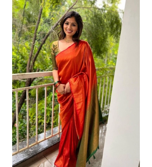 Generic Women's Litchi silk Printed Saree With Unstitched Blouse (Red)