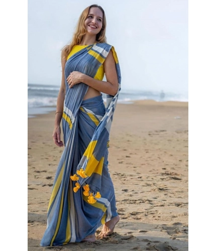 Generic Women's Linen Printed Saree With Unstitched Blouse 5.5Mtr (Blue)