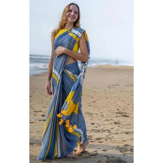 Generic Women's Linen Printed Saree With Unstitched Blouse 5.5Mtr (Blue)