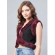 Generic Women's Denim And Fur Solid Sleeveless Shrug (Black - Maroon)