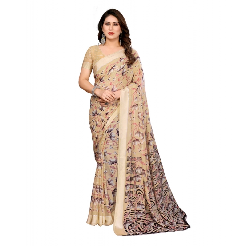 Women's Georgette Printed Saree With Unstitched Blouse 5.5Mtr (Beige)