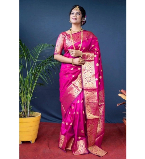 Generic Women's Soft Litchi Silk Jacquard Work Saree With Unstitched Blouse 5.5Mtr (Pink)