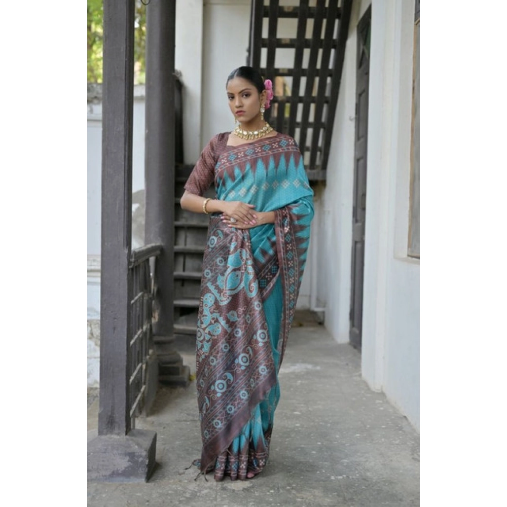 Women's Faux_Tussar Ikat Saree With Unstitched Blouse 5.5Mtr (Aqua_Blue)