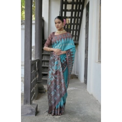Generic Women's Faux_Tussar Ikat Saree With Unstitched Blouse 5.5Mtr (Aqua_Blue)