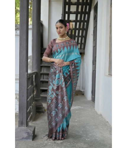 Generic Women's Faux_Tussar Ikat Saree With Unstitched Blouse 5.5Mtr (Aqua_Blue)