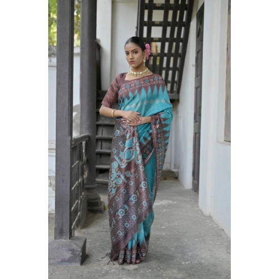 Generic Women's Faux_Tussar Ikat Saree With Unstitched Blouse 5.5Mtr (Aqua_Blue) Generic Women's Faux_Tussar Ikat Saree With Unstitched Blouse 5.5Mtr (Aqua_Blue)