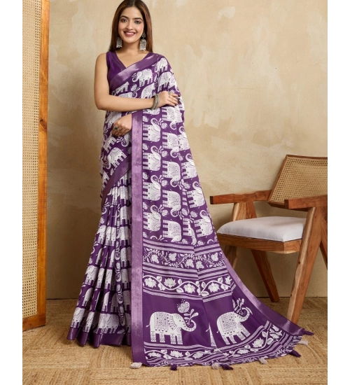 Generic Women's Silk Blend Printed Saree With Unstitched Blouse 5.5Mtr (Purple)