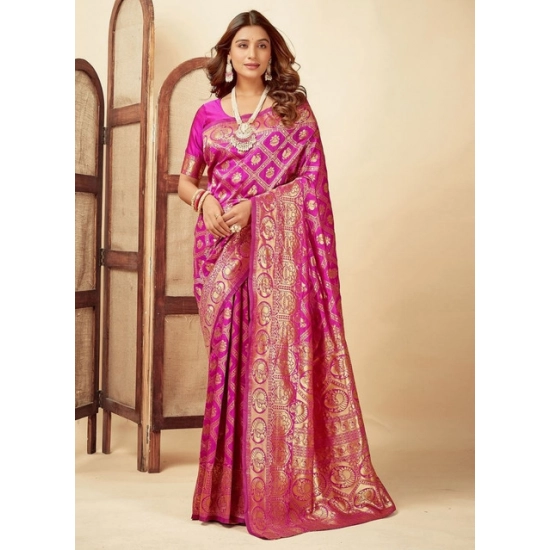 Generic Women's Jacquard Printed Saree With Unstitched Blouse 5.5Mtr (Pink)