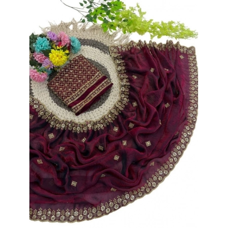 Generic Women's Satin Embellished Saree With Unstitched Blouse 5.5Mtr (Wine-Toned)