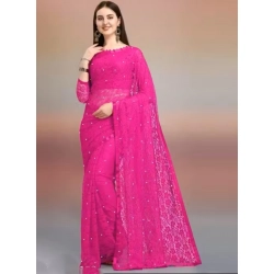 Generic Women's Net Self Design Saree With Unstitched Blouse 5.5Mtr (Rani)
