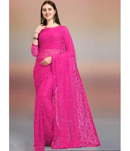 Generic Women's Net Self Design Saree With Unstitched Blouse 5.5Mtr (Rani)