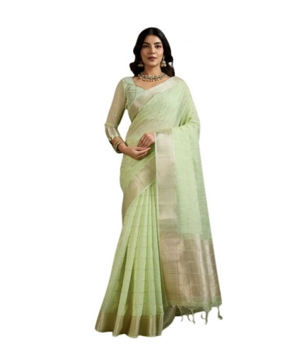 Generic Women's Tissue Checks_With_Buttis Saree With Unstitched Blouse 5.5Mtr (Light_Green)