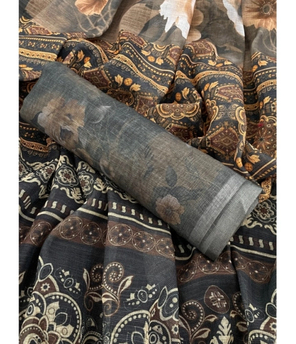 Generic Women's Linen Cotton  Printed Saree With Unstitched Blouse 5.5Mtr (Beige)