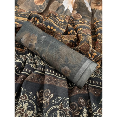 Generic Women's Linen Cotton  Printed Saree With Unstitched Blouse 5.5Mtr (Beige)