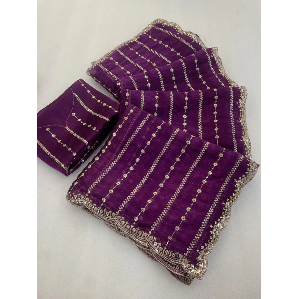 Generic Women's Jimmy Choo Embellished Saree With Unstitched Blouse 5.5Mtr�(Purple)