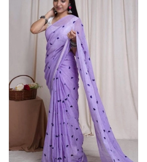 Generic Women's Linen Printed Saree With Unstitched Blouse 5.5Mtr (Purple)