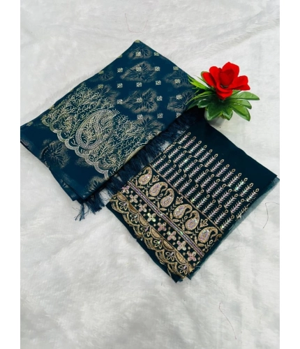 Generic Women's Embroidered Georgette Saree With Unstitched Blouse (Dark Blue, 5-6 Mtrs)